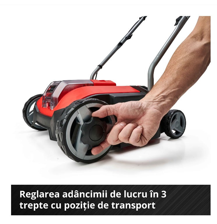 Scarificator/aerator electric pe acumulator pentru gazon Einhell Power X-Change GC-SC 18/28 Li-Solo, 18 V, 28 cm latime lucru, 12 lame, 3 trepte de lucru, fara acumulator si incarcator in setul de livrare