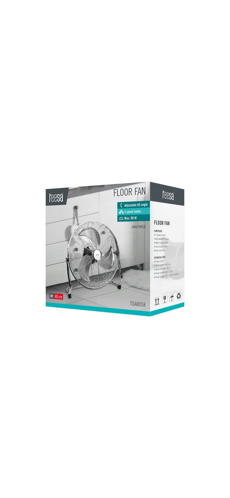 Ventilator podea, 3 viteze, Teesa, 90 W, diametru elice 40 cm, grilaj metalic