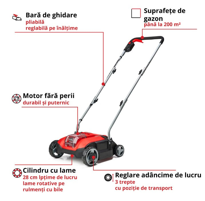 Scarificator/aerator electric pe acumulator pentru gazon Einhell Power X-Change GC-SC 18/28 Li-Solo, 18 V, 28 cm latime lucru, 12 lame, 3 trepte de lucru, fara acumulator si incarcator in setul de livrare